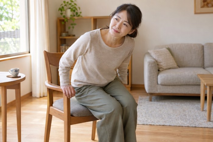 自宅で一人、椅子から立ち上がる動きを試して首をかしげる女性