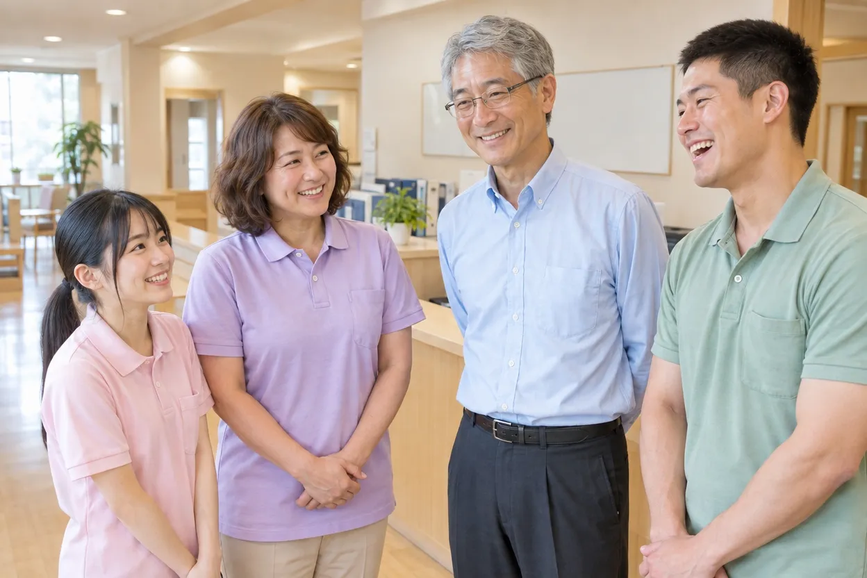 介護施設で明るい表情で打ち合わせをする介護職員たち