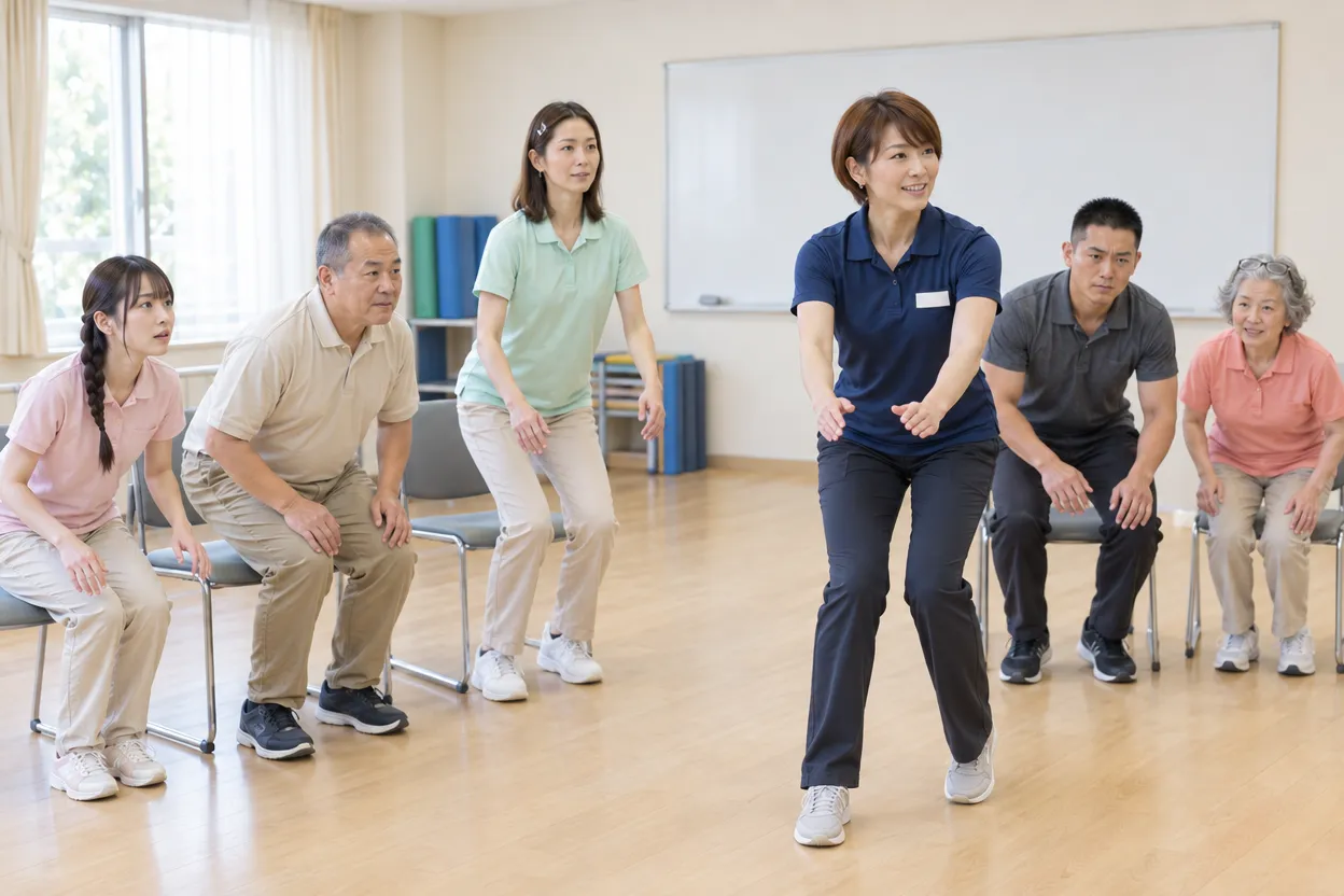 介護施設の研修室で、職員たちが椅子から立ち上がる動きを体験している研修の様子