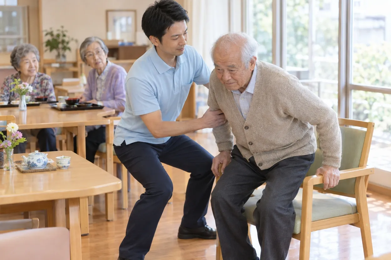 利用者さんが自分の力で椅子から立ち上がるのを、介護士が横から軽く支えている様子