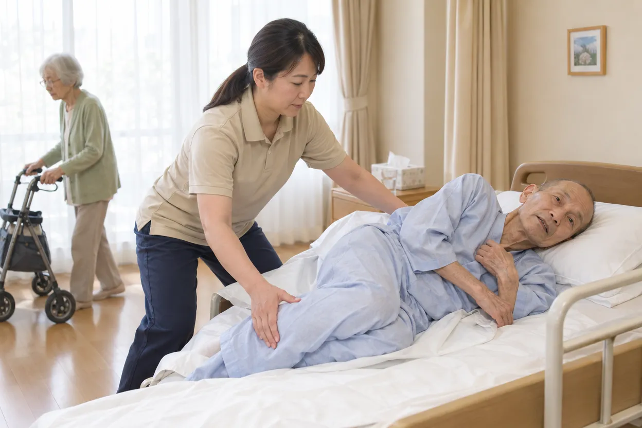 介護士がベッドの上で利用者さんの体の向きを変える介助をしている様子