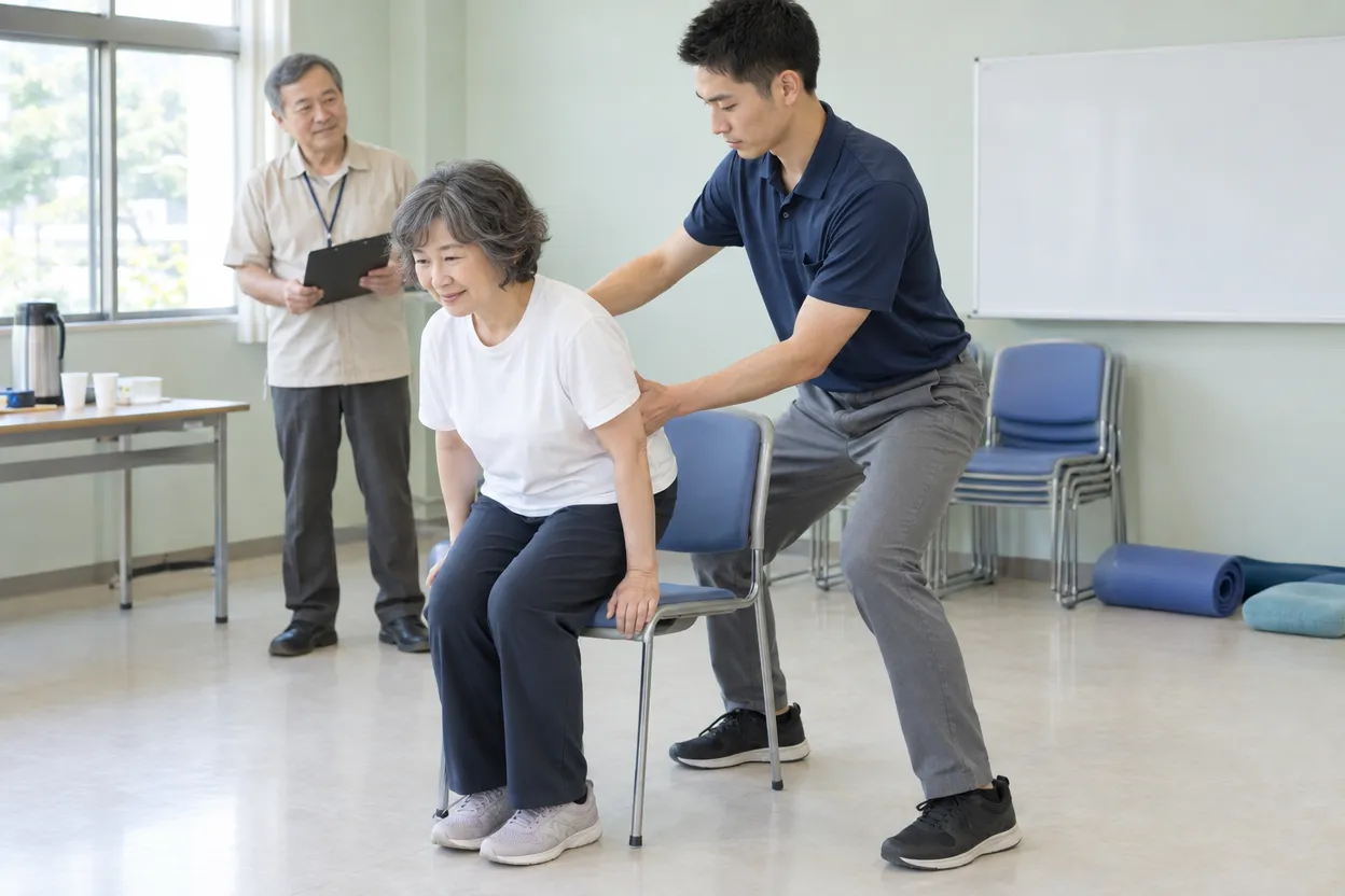 研修室で介護職員がペアになり、立ち上がり介助の動きを練習している様子