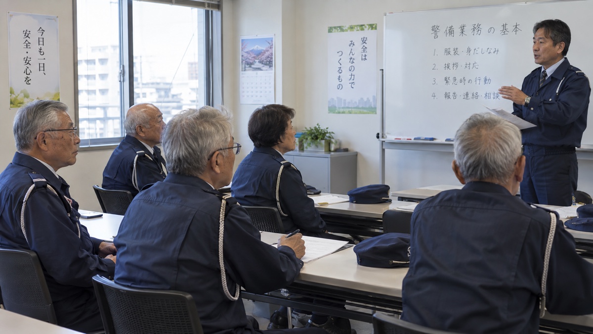 シニアの警備員が職員研修を受ける