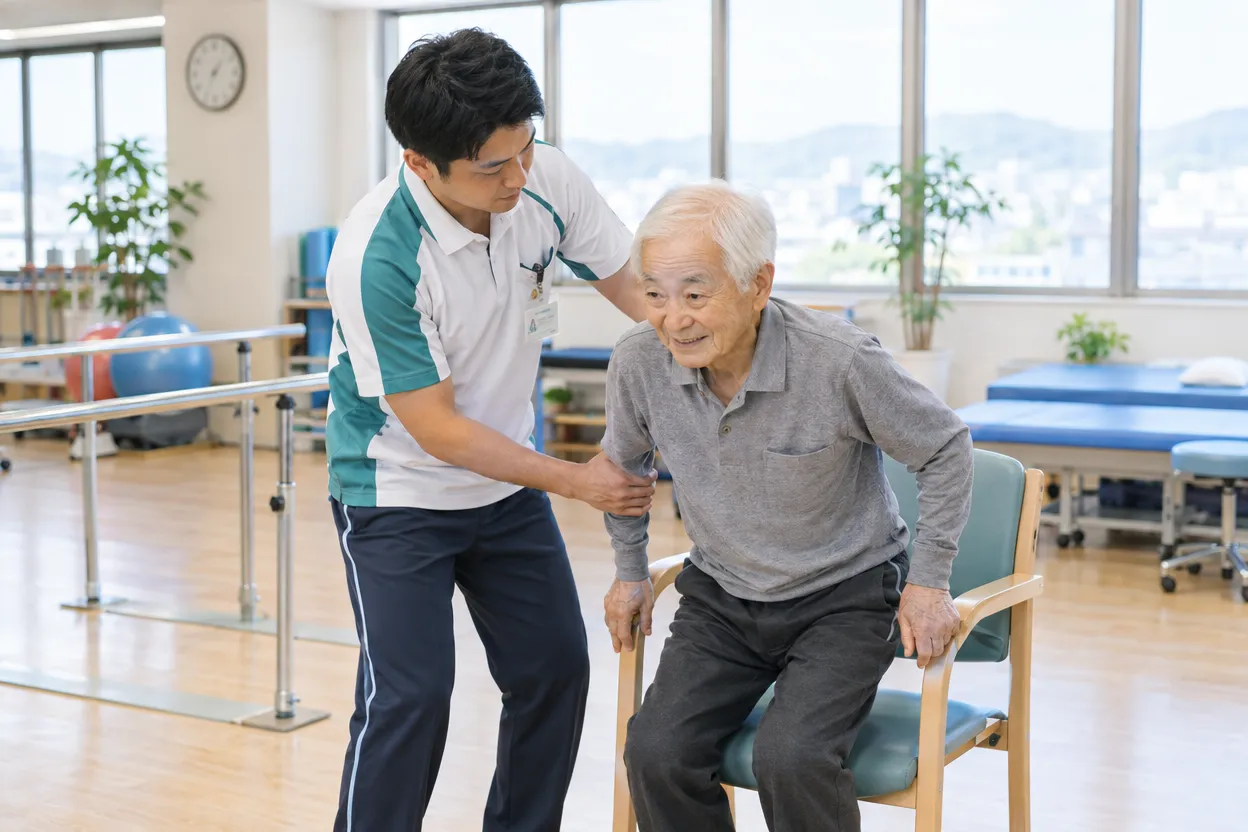 リハビリ室で理学療法士が患者さんの立ち上がりを介助している様子