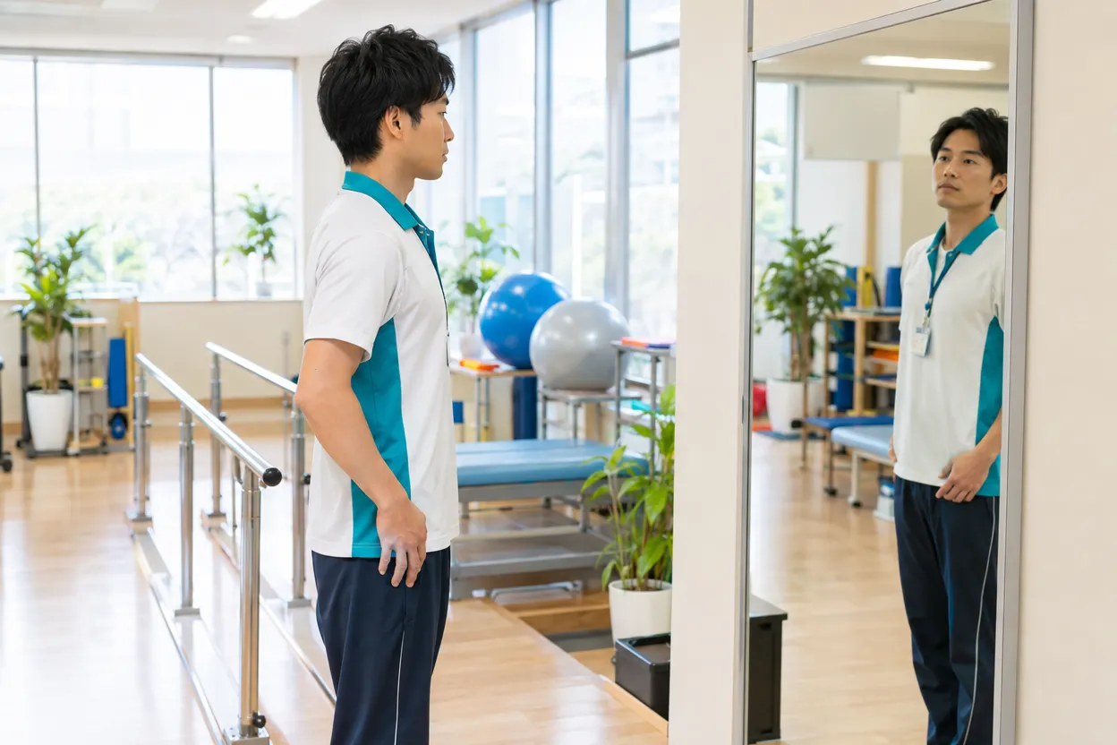 姿勢鏡の前で自分の立ち姿勢を横から確かめる理学療法士