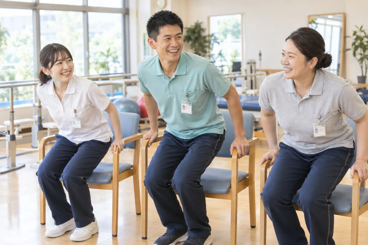 リハビリ室で、理学療法士の同僚たちが笑いながら椅子から立ち上がる動きを試している様子