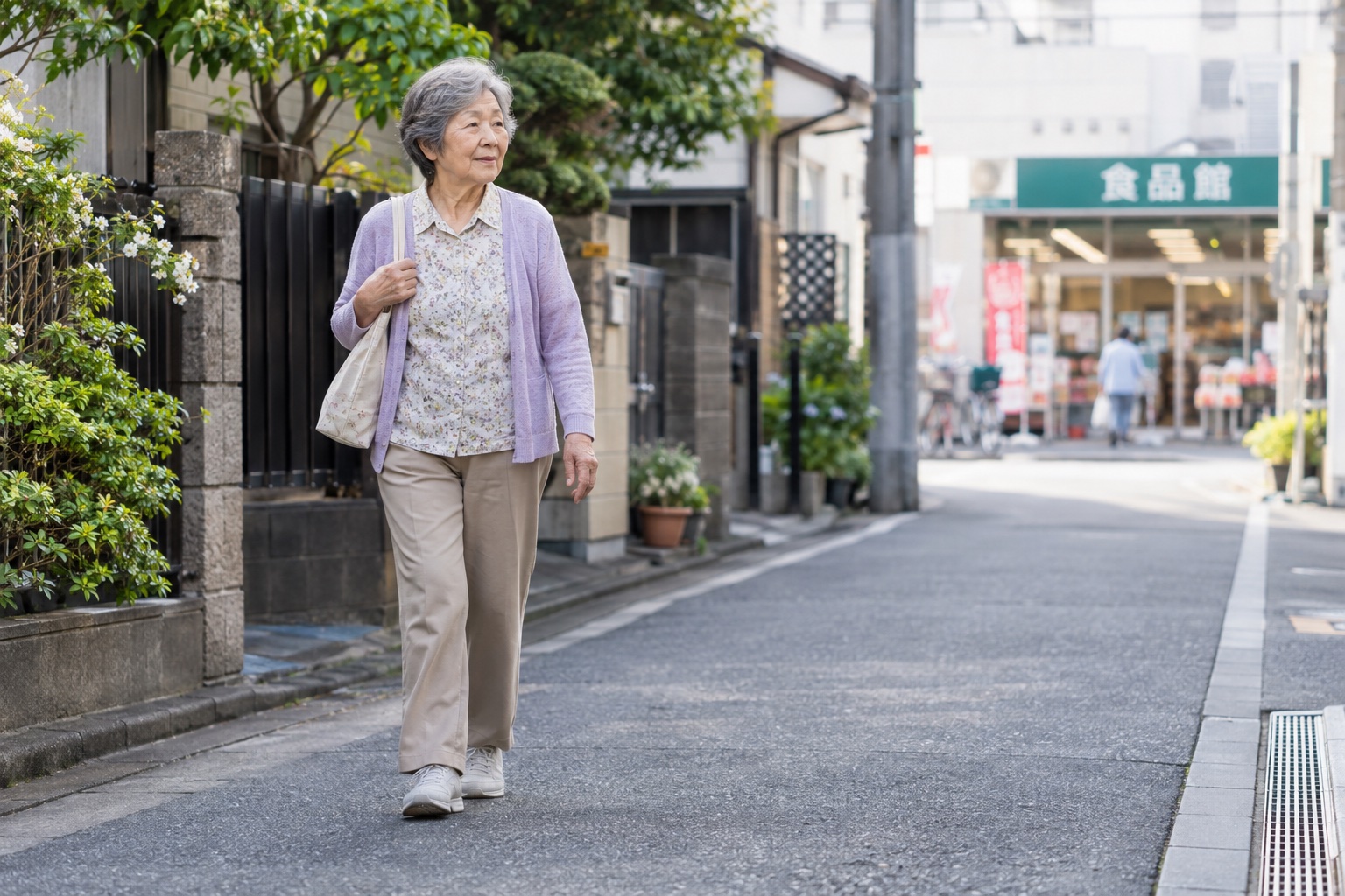近所のスーパーへ向かって歩く高齢者のイメージ