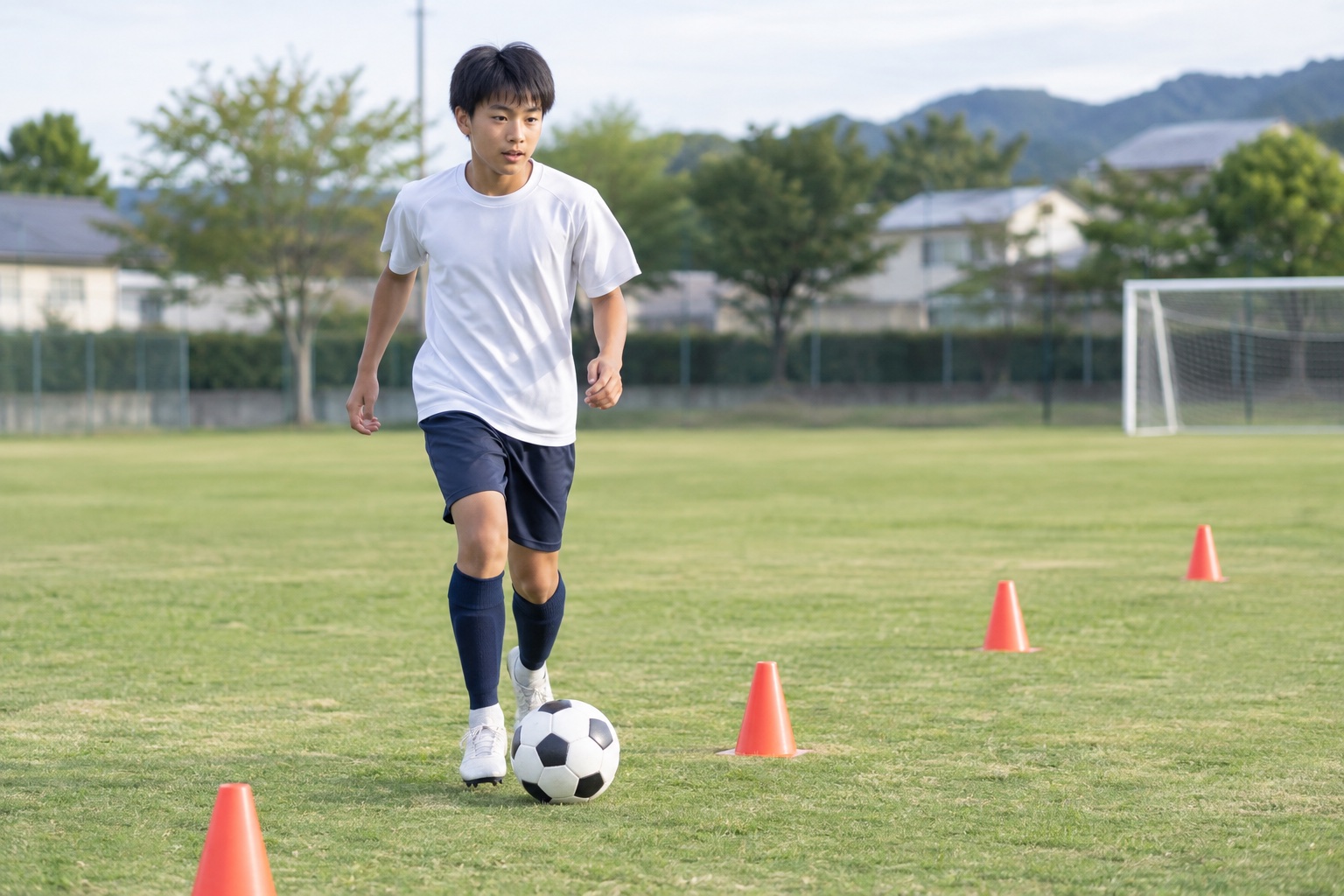 サッカー初心者がコーンを使ってドリブル練習をするイメージ