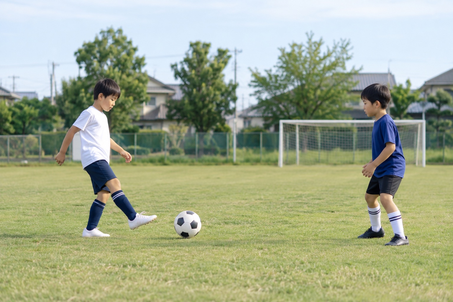 サッカー初心者が二人でパス練習をするイメージ