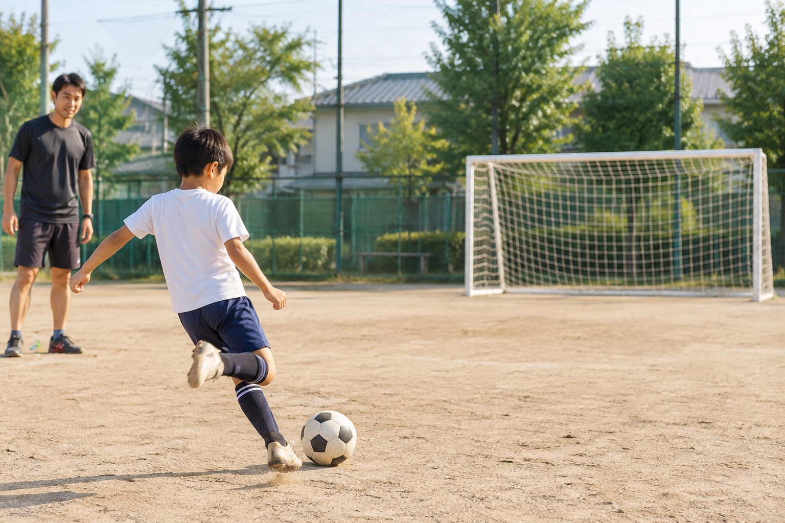 サッカー初心者がゴールへシュート練習をするイメージ