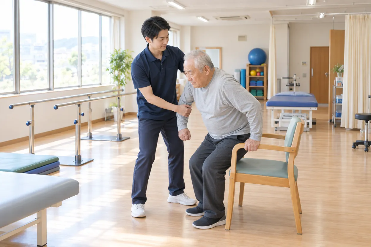 リハビリ室で理学療法士が患者さんの立ち上がりを横から介助している様子
