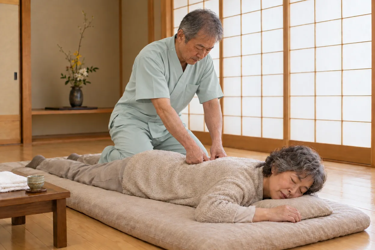 施術所で、あん摩マッサージ指圧師が母指を使って背中を押している様子