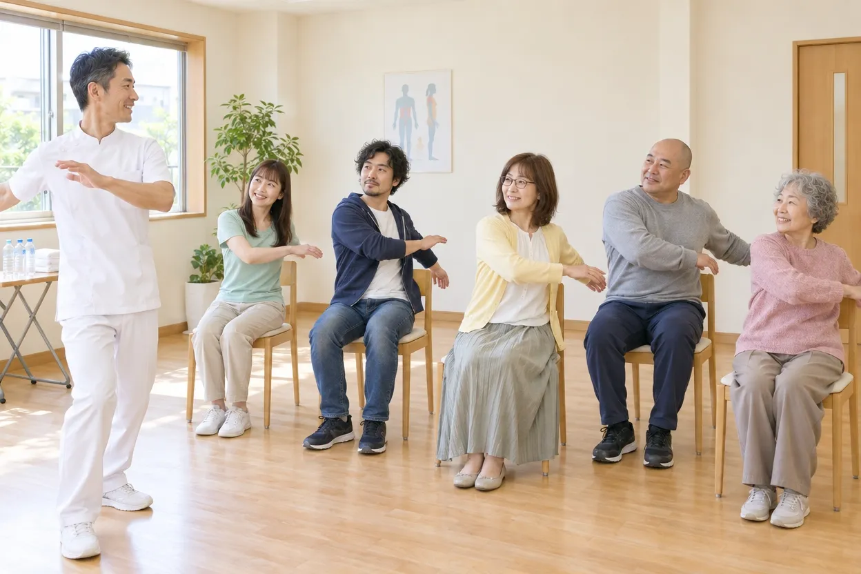 治療院の一室で、参加者が椅子に腰かけたまま講師と一緒に体を動かしている様子