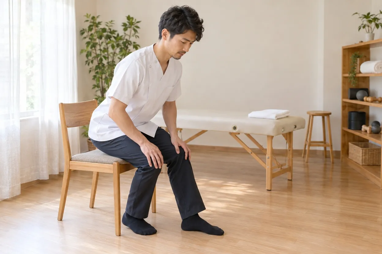 施術室で、施術者が一人で椅子から立ち上がる動きをして自分の身体の感覚を確かめている様子