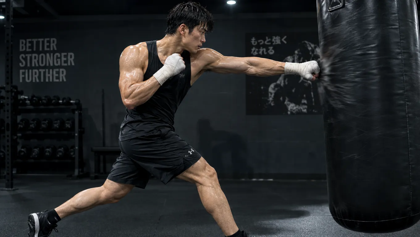 サンドバッグに右ストレートを打ち込む男性を横から見たところ