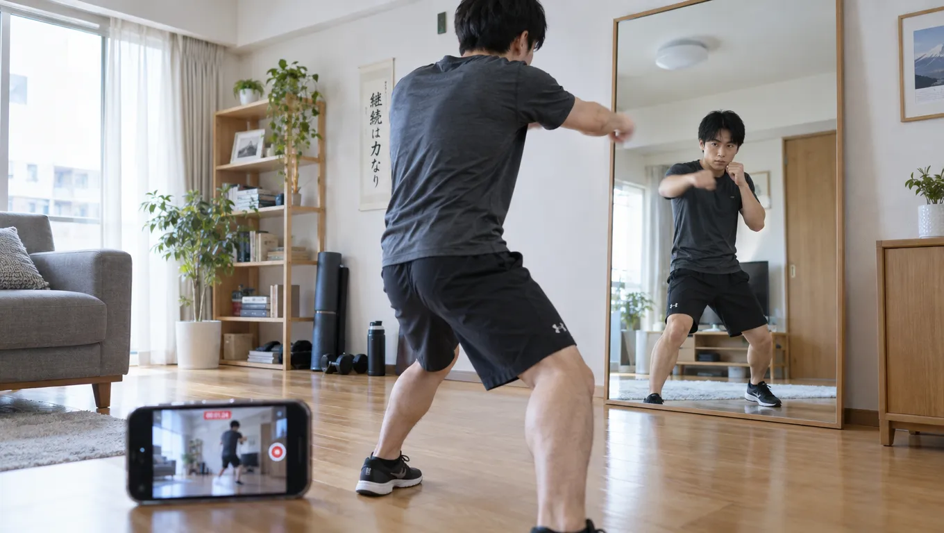 スマホを床に置いて、自分のシャドーボクシングを撮影している男性