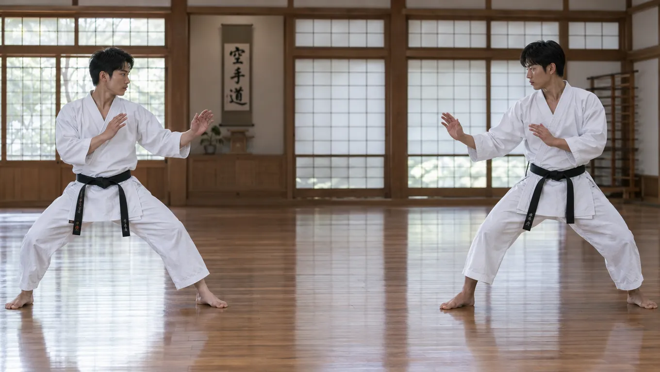 空手の道場で、間合いをとって構える2人