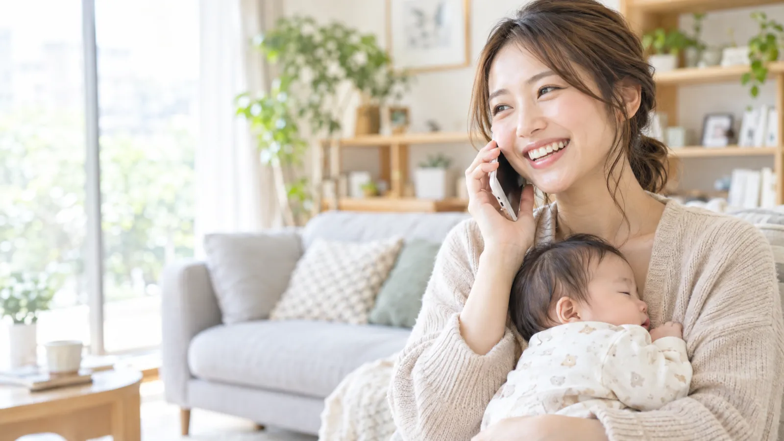 赤ちゃんを抱いたまま電話をかけている女性