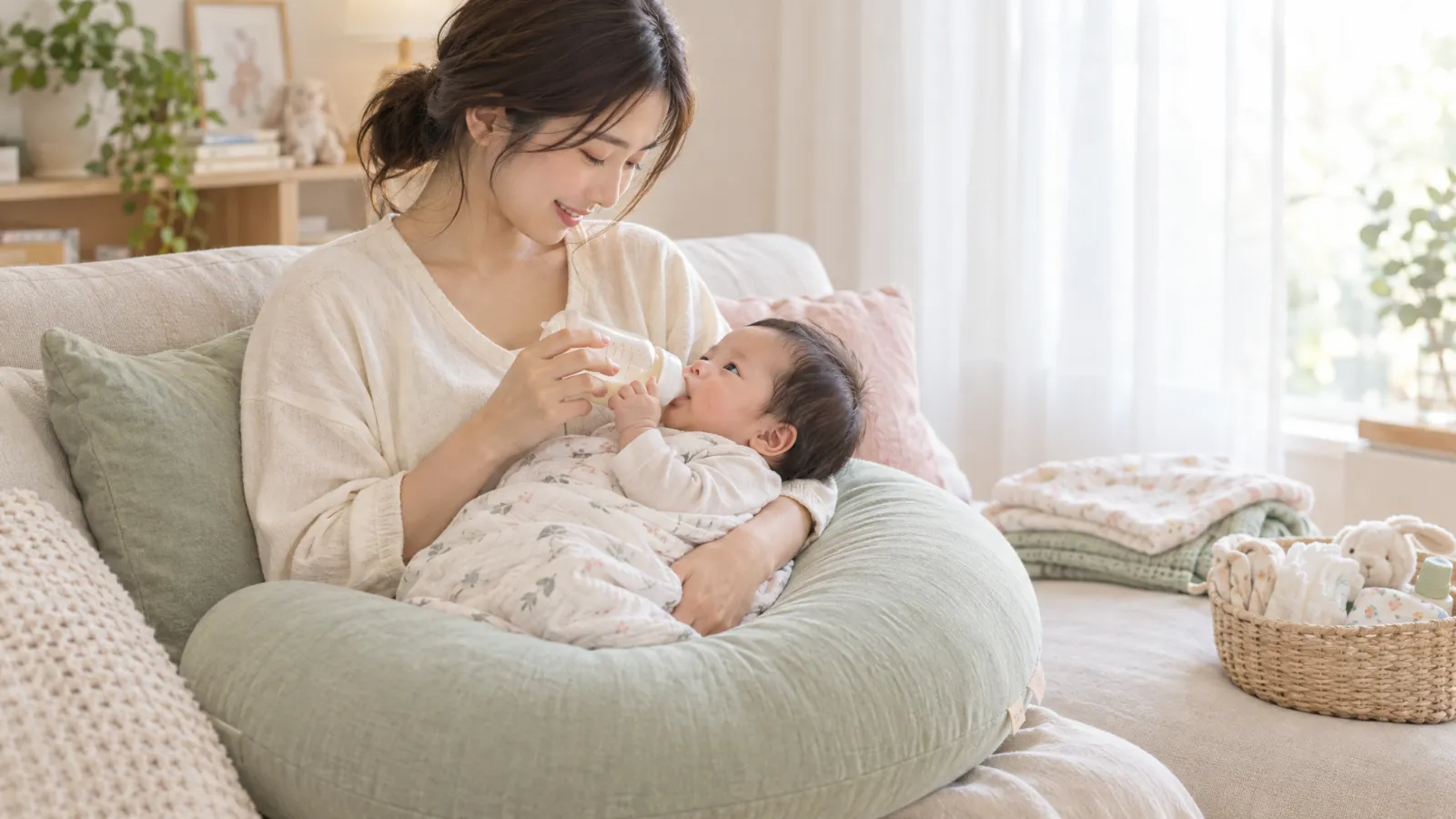 授乳クッションを使って赤ちゃんに授乳している女性