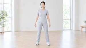 足を肩幅に開き、力を抜いて立つ女性